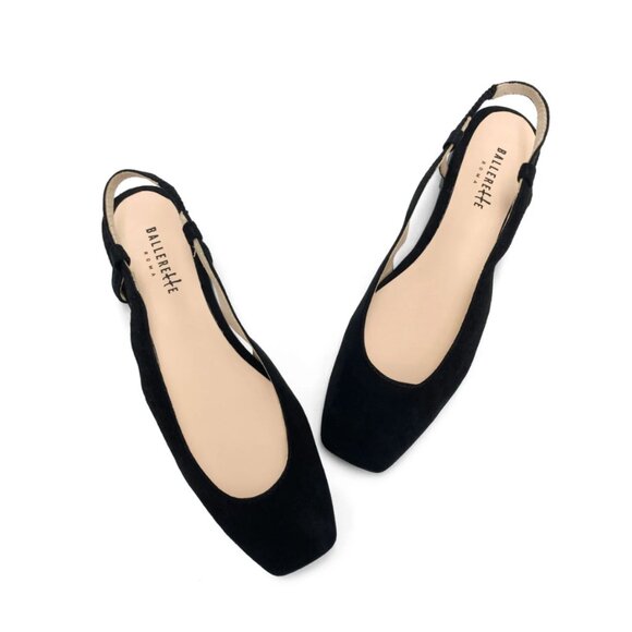 Ballerete Black Suede Square Toe Slingback Ballet Flats - Picture 1 of 12